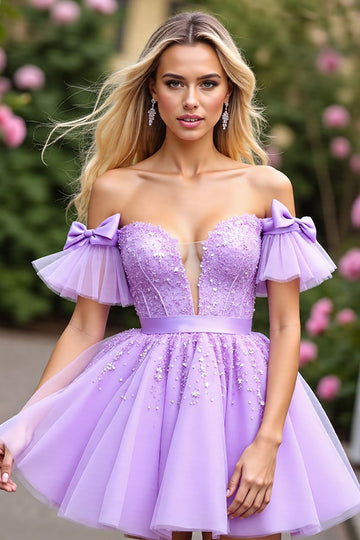 Lavender Tulle Ruffled Short Sleeves Corset Short Homecoming Dress with Appliques